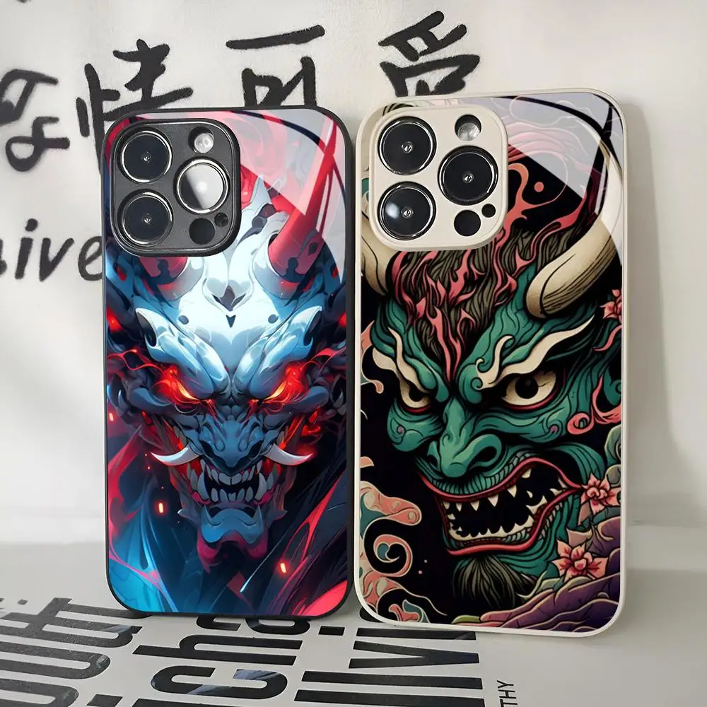 Japanese Oni Hannya Samurai Demon Mask Phone Case for Iphone 16 15 14 12 11 13 Pro Max Mini X Xr Xs Se 8 Puls glass Cover