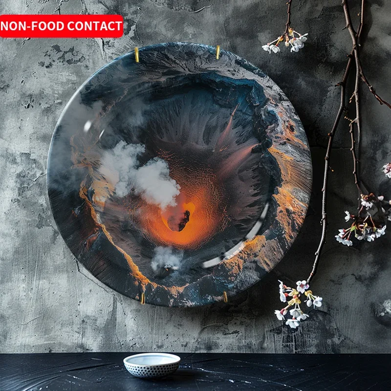 1pc Art Deco Style Ceramic Decorative Plate, Round Non-Food Contact Artwork, Vibrant Lava Texture, Ideal for Home & Living Room