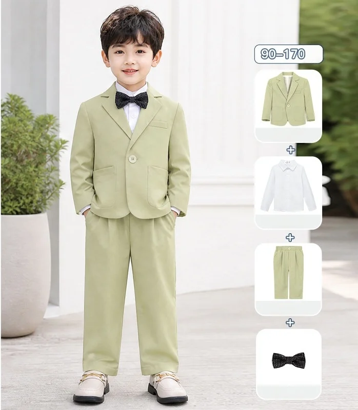 British Gentleman's Solid Color Formal Suit Set Flower Boy's Wedding Birthday Party Host Recitation Performance Costume
