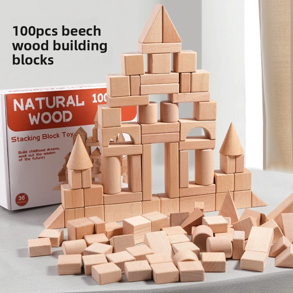 100 stuks natuurlijke houtkleur bouwstenen massief hout grote deeltjes hoogwaardig educatief speelgoed voor kinderen