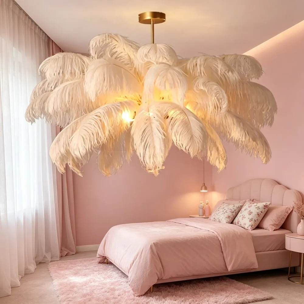 Modern Nordic Ostrich Feather Child Room Chandelier Home Interior Decoration Bedroom Dining Room Pendant Lights Hanging Lamp