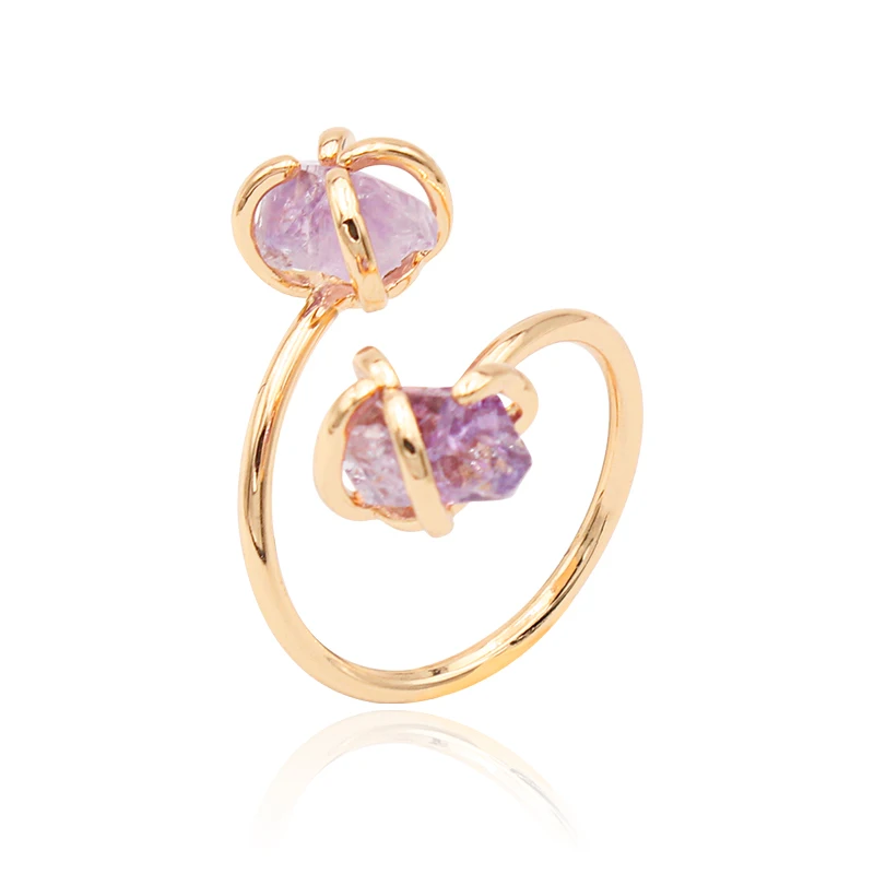 Irregular Amethyst Open Ring for Women Girls Gold-color Claw Setting Raw Stone Finger Jewelry Resizable