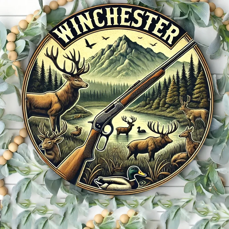 [علامة حائط مستوحاة من الطراز القديم] لافتة حائط مستديرة من الألومنيوم مستوحاة من وينشستر - مشهد صيد ريفي مع غزال وبطة
