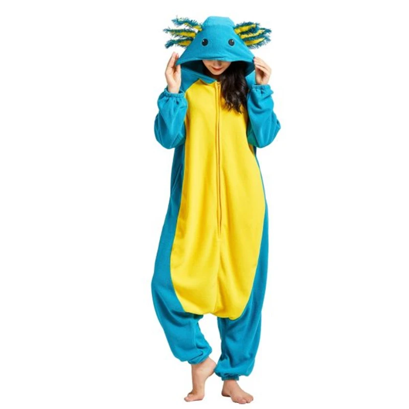 Onesieshow zwierzęca piżama Kigurumi Halloween Onesie dorosłe dzieci Cartoon niebieska piżama aksolotl na imprezę Cosplay kobiety mężczyźni Homewear