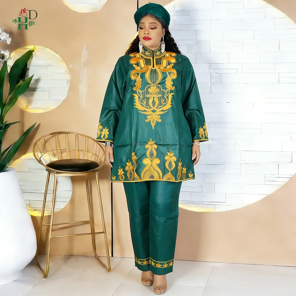 

H&D African dresses for woman Turkey dress Embroidery 2PCS Pants Suits African clothing traditional Bazin Africain قفطان مغربي