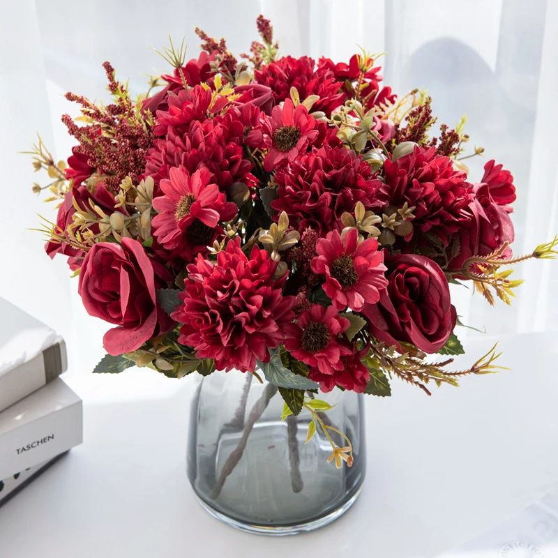 1PC Künstliche Blumen Günstige Neue Jahr Dekoration Hochzeit Garten Pfingstrose Bogen Weihnachten Hause Gefälschte Seide Rose Hortensien Vase für – Detail 12