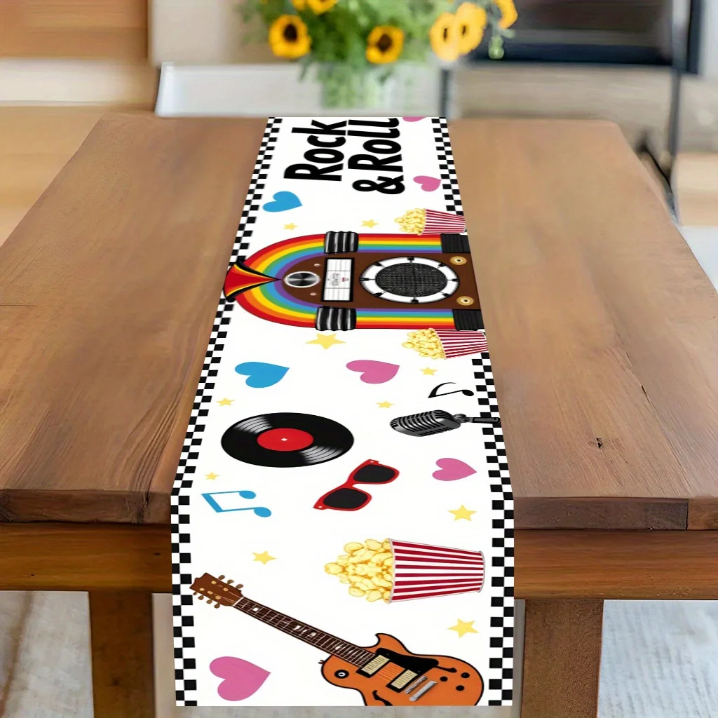 1pc Rock And Roll Themed Table Runner, Rectangular Decor for Dining Table, Coffee Table, Shoe Cabinet, Home Party Decoration