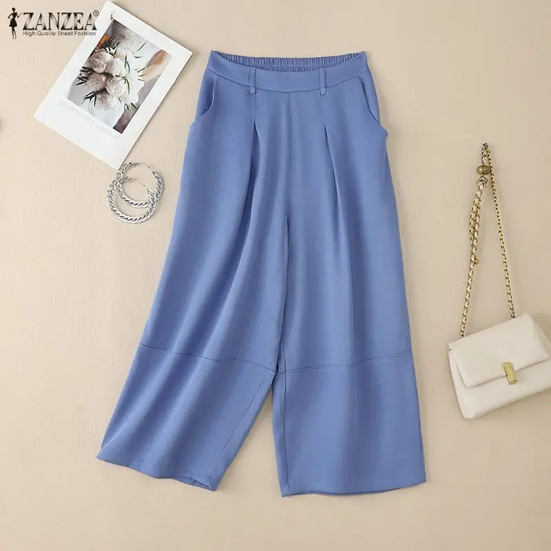女性のカジュアルワイドレッグパンツファッションデニムのような伸縮性のあるバックウエストルーズパンツシームディテールハーレムパンツZANZEA女性カプリパンツ