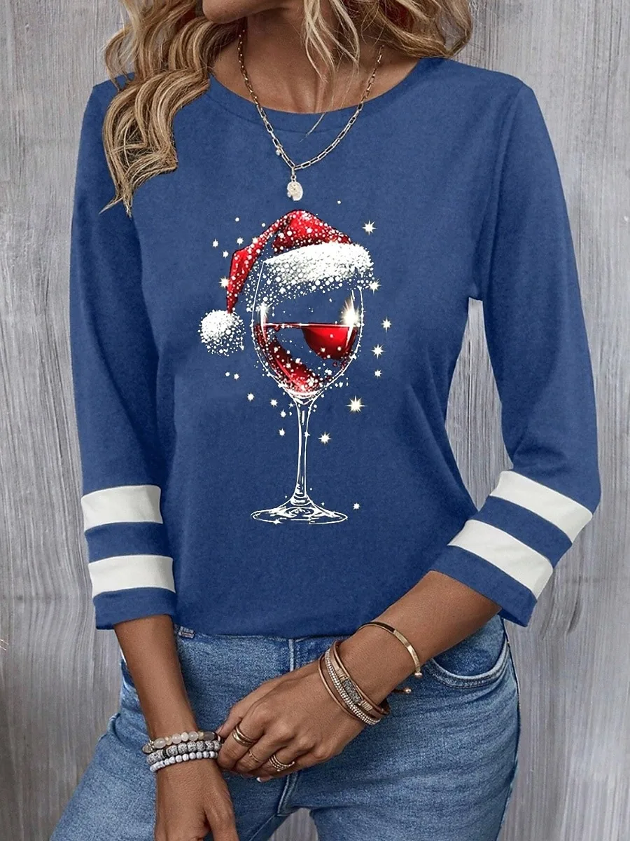 عيد الميلاد النبيذ الأحمر الزجاج 3D الطباعة المرأة طويلة الأكمام تي شيرت أزياء طاقم الرقبة اليومية مهرجان حزب عارضة الملابس النسائية #5