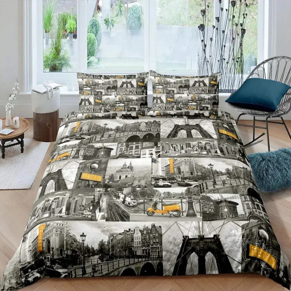 Cityscape Duvet Cover Set New York City Night View Quilt Cover for Boys Adults Microfiber Building Bedding Set 2/3Pcs King Size