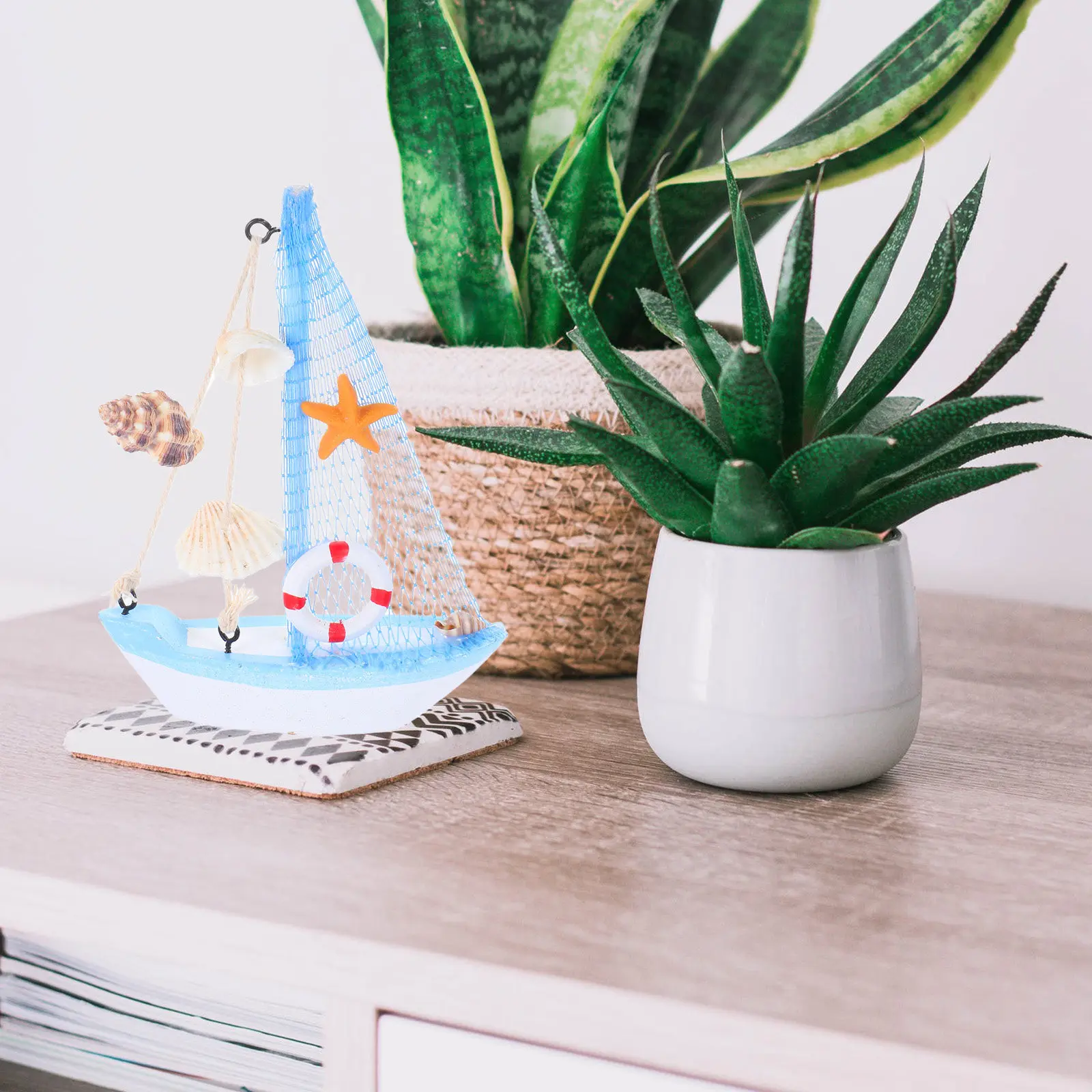 Mini Wooden Sailboat Ornament for Home Decor, Beach Theme Nautical Room Office Nursery Coastal Tabletop Shelf