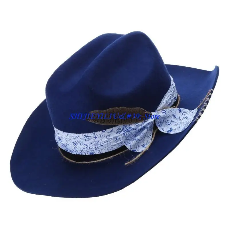 

E21F винтажная шерстяная ковбойская шляпа для женщин и мужчин, шляпа унисекс с широкими полями и ремешком из перьев, дышащая