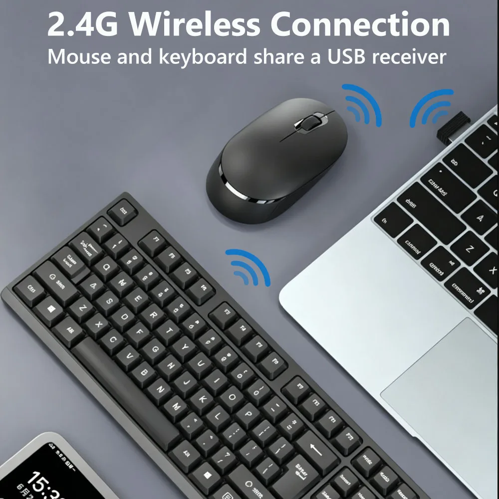 KEBIDUMEI Wireless Keyboard Mouse Kit Portable Keyboard Mouse Combo LED Light USB Silent Button Office Kit Computer Accessories