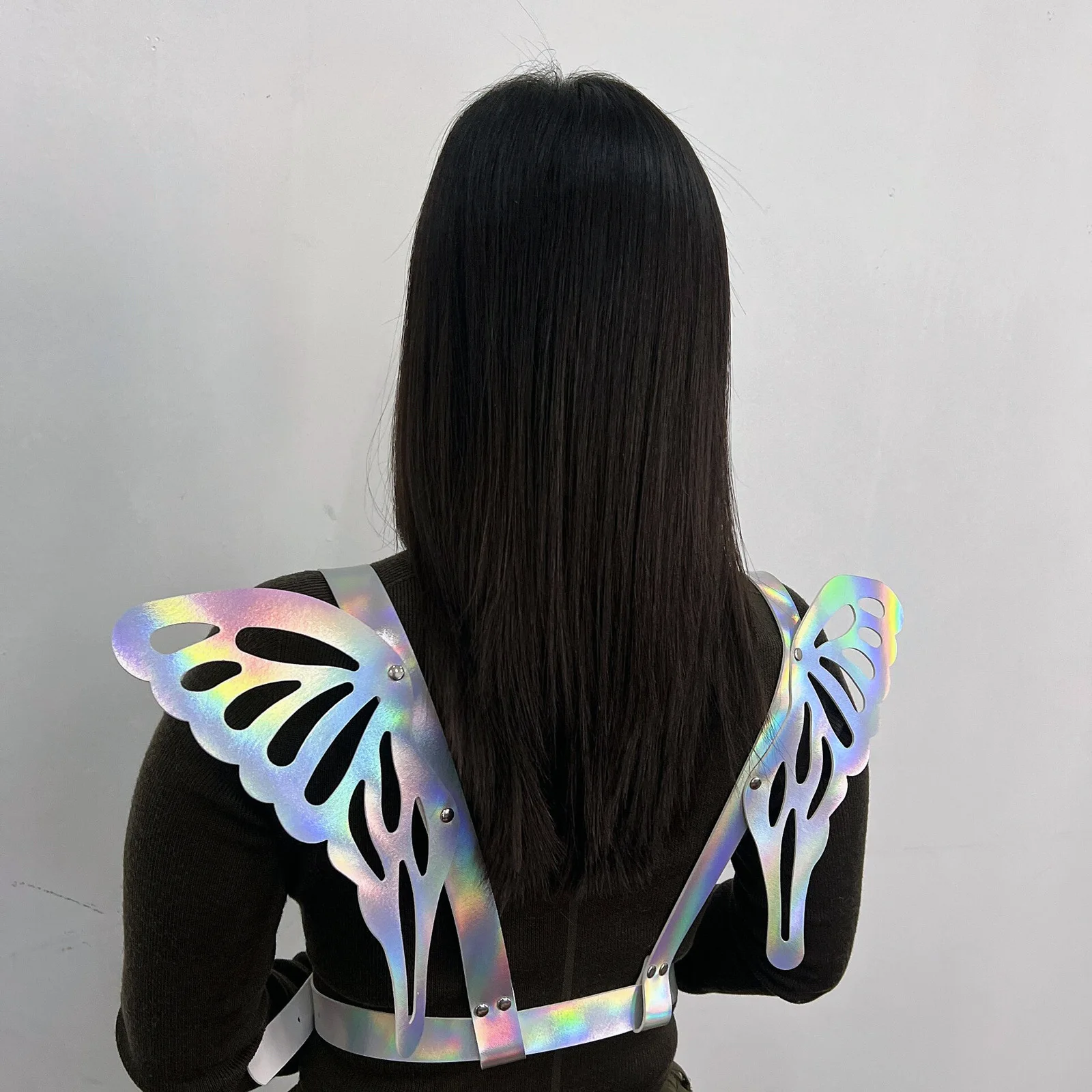 Cinghie per ali di farfalla angelo in pelle PU Cintura per bretelle per spalla con tracolla riflettente colorata al laser