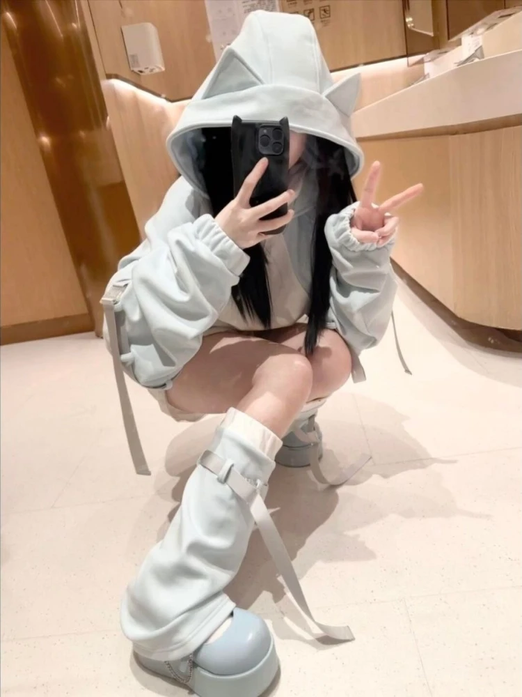 เสื้อฮู้ดดี้ลายหูแมวสไตล์ญี่ปุ่นสีตัดกัน น่ารัก สไตล์ Y2K แนวสตรีทลำลอง ทรงโอเวอร์ไซส์ สำหรับผู้หญิง สไตล์ฮาราจูกุ เสื้อฮู้ดดี้ซิปสำหรับฤดูใบไม้ร่วง