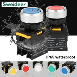 Waterproof Push Button Switch Momentary Self Reset Self Locking Flat Round Head 22mm Power PushButton Switch10A 1NO1NC Red Green