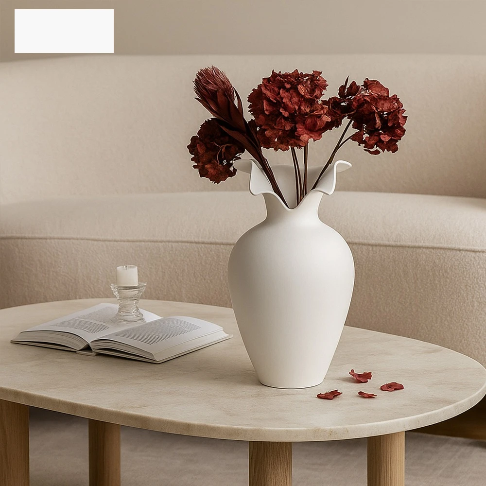 Plain white ceramic vase ceramic ornament V-neck French vase living room decoration