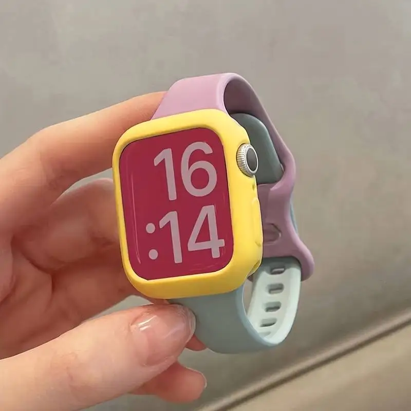 Fashion Color Block Silicone Band for Apple Watch Series 8 7 6 5 4 3 SE Lovely Case +Strap for iWatch Band 42mm 38 40 41 45 44mm