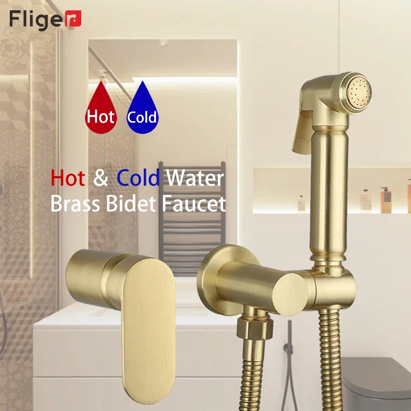 Fliger Gold Bidet Faucet Portable Bidet Sprayer Set Brass Toilet Faucet Sprayer Hygienic Shower Bidet Hot Cold Water Mixer Tap