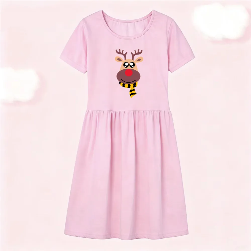 Mädchen-Baumwollkleid, kurzärmelig, mit Weihnachtsmotiv und Rentierdruck, A-Linien-Schnitt, lässiges Partykleid, Kinder-Sommerkleidung.