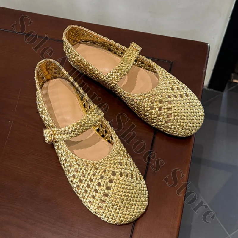 Zapatos Planos Mary Jane de Tejido Abierto, Parte Superior Tejida en Dorado Brillante, Punta Redonda, Correa con Hebilla, Ligeros, Estilo Boho Chic, Zapatos Planos de Ballet para Uso Diario