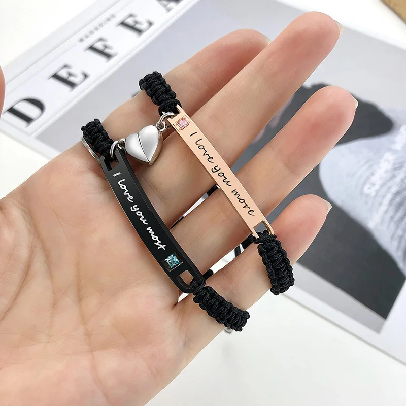 Matching Heart Promise Couples Personalized Bracelets, Custom Engraved Name ID Tag Bracelet, Valentines Day Gift view 3