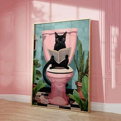 Divertente gatto nero che utilizza la toilette Wall Art Cat Reading giornale tela poster stampe immagini Home Batnroom Living Room Decoration