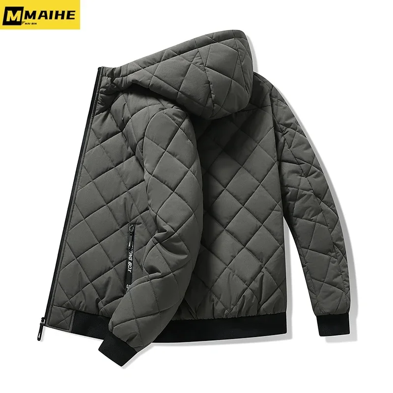 Jackets for Men with Hood Autumn Winter Cotton Padded Jacket Men Fashion Clothing Rhombus Texture Casual Parkas Plus Size 5XL