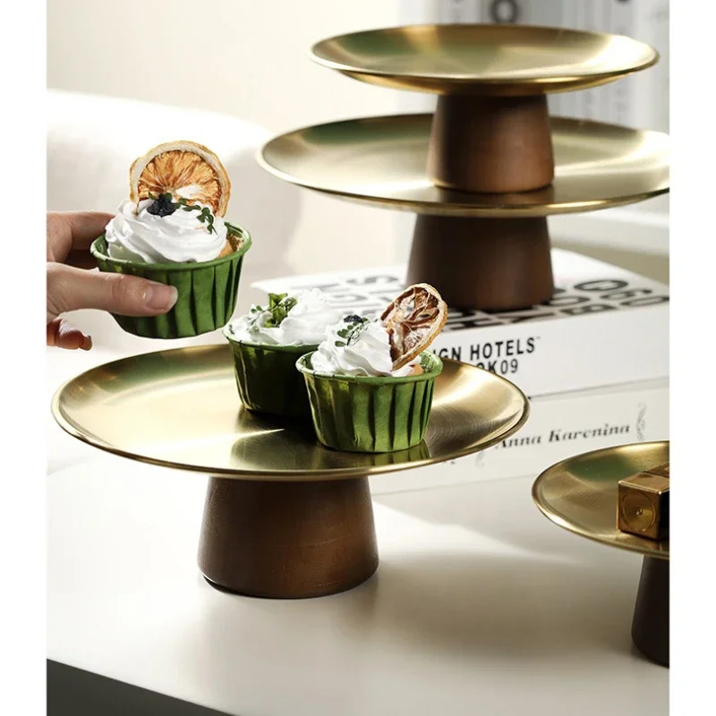 Stainless Steel Tall Fruit Plate Dessert Plate Snack Nut Storage Tray Wooden Base Living Room Candy Plate Home Table Decoration