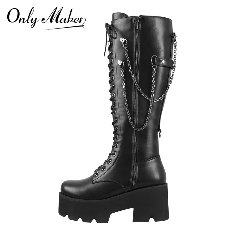 Onlymaker Platform Women Punk Booties Black PU Lace Up Mid Calf Chunky High Heels Side Zip Big Size Motorcycle Boots