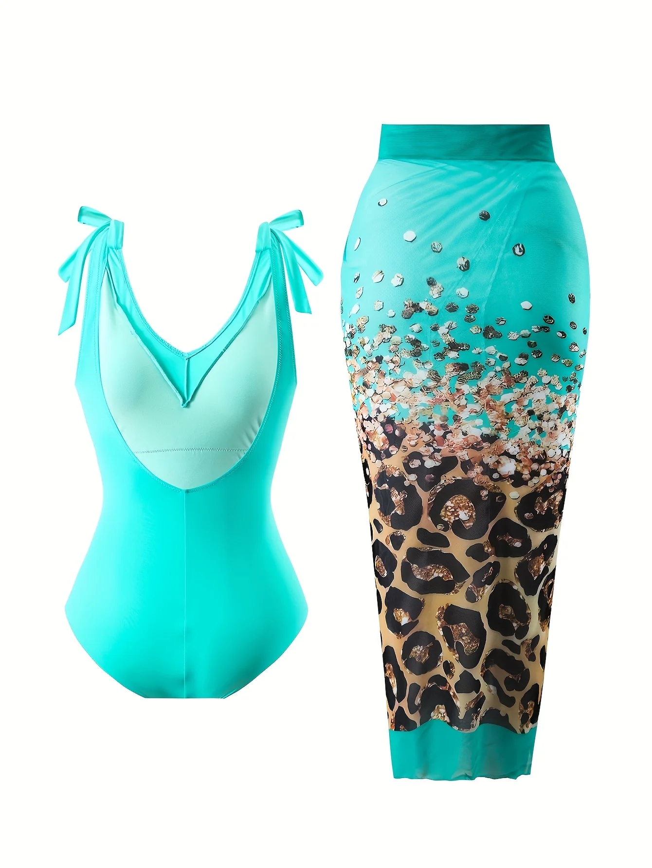 2026 Nuovo set copricostume e copricostume con paillettes leopardate verde acqua - Costume da bagno con scollo a V, copricostume con fiocco e fiocco, elegante set da spiaggia