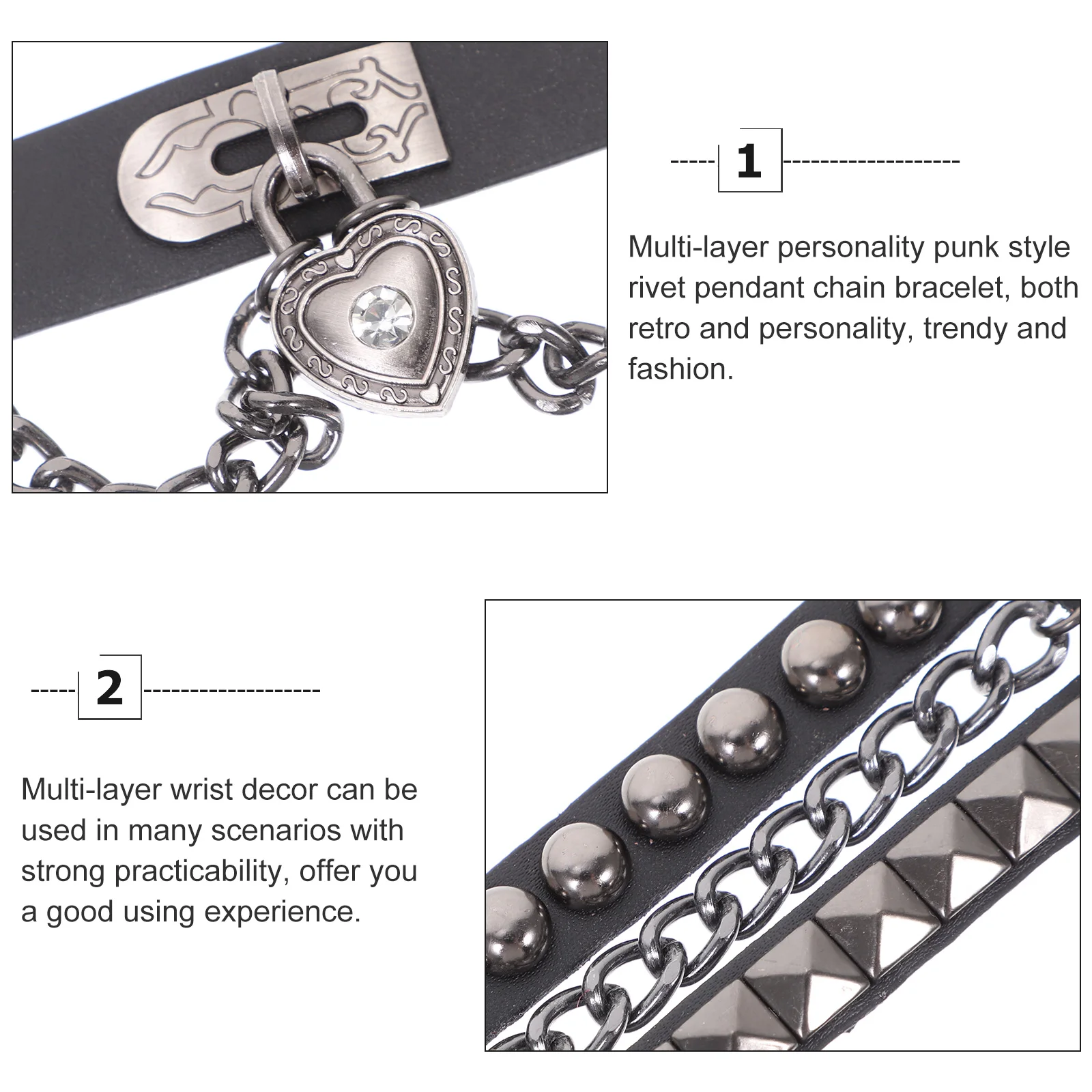 Multilayer Cuff Rivet Bracelet Punk Style Spiked Pendant Chain Wrist Decoration Adjustable For Men Women Gothic Jewelry
