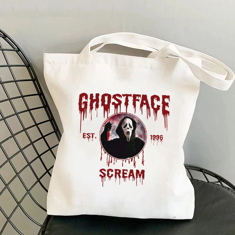 Horror Moive White Canvas Shoulder Bag Organize Travel Storage Tote Bag Eco-friendly Shopping Bags Handbag Halloween Party Gift