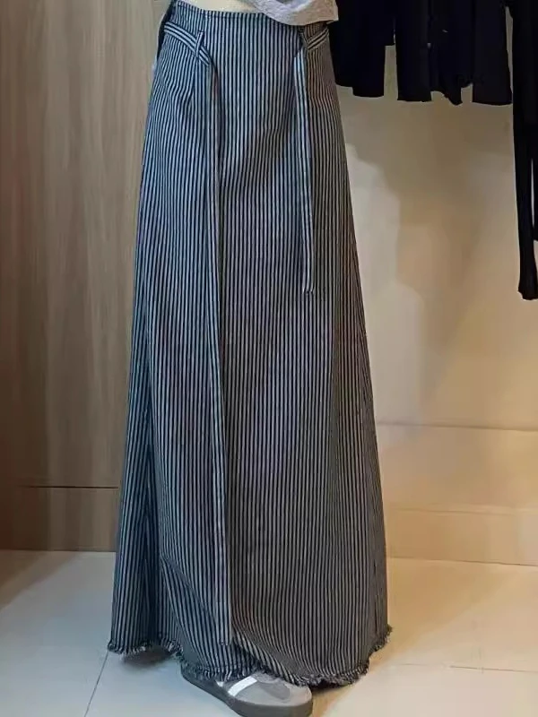 

Джинсовая юбка в полоску с высокой талией, длинная, А-силуэт, с бахромой и поясом, для офиса, весенний сезон