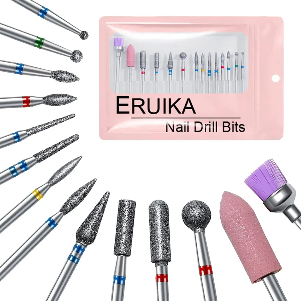 Professional 14pcs Nail Drill Bits Set Diamond Rotary Burrs Cuticle Remover Kit 3/32 Shank Electric Manicure File for Acrylic Gel Nails Art Pedicure