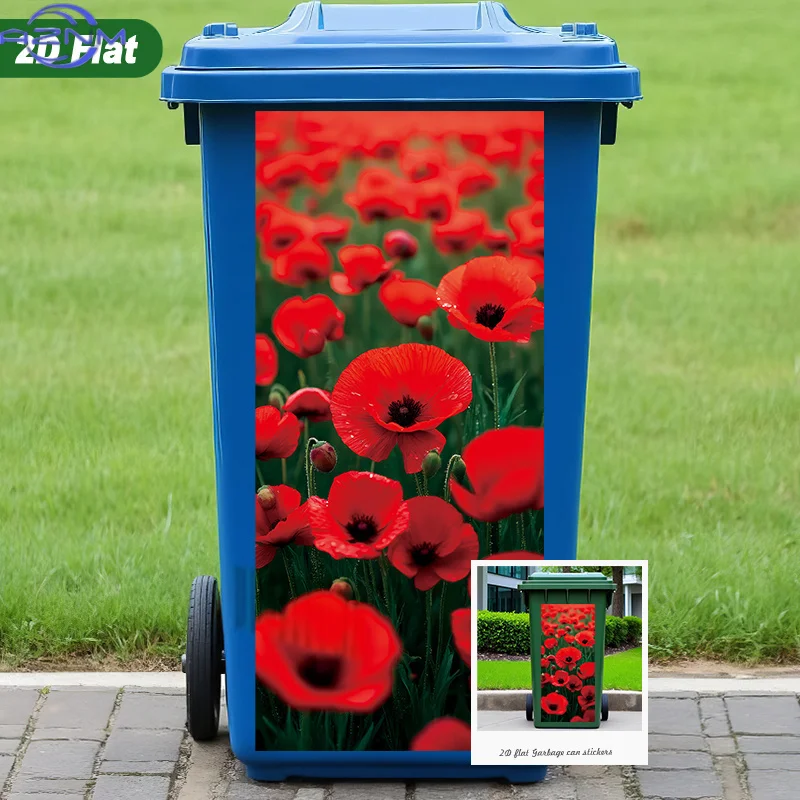 A Single Piece of a Vibrant Red Poppy Field Sticker for Garbage Cans, Measuring 37×82Cm. It Features a Self-Adhesive, Glossy,