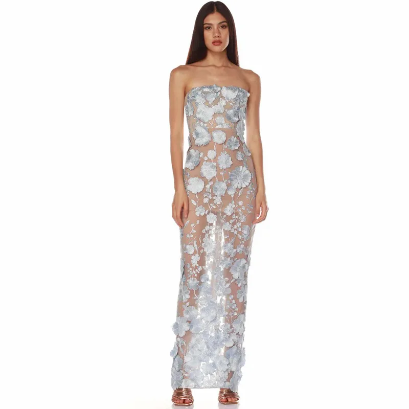 

Elegant Lace Flower Bodycon Party Wear Dresses for Women 2025 Summer Sexy Strapless See Through Maxi Dresses Brithday Prom Gown