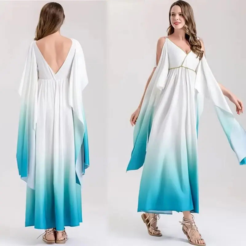 

Sexy Elegant Women Egyptian Greek Goddess Cosplay Fashion White Blue Dress Adult Masquerade Party Role Playing Stage Costume