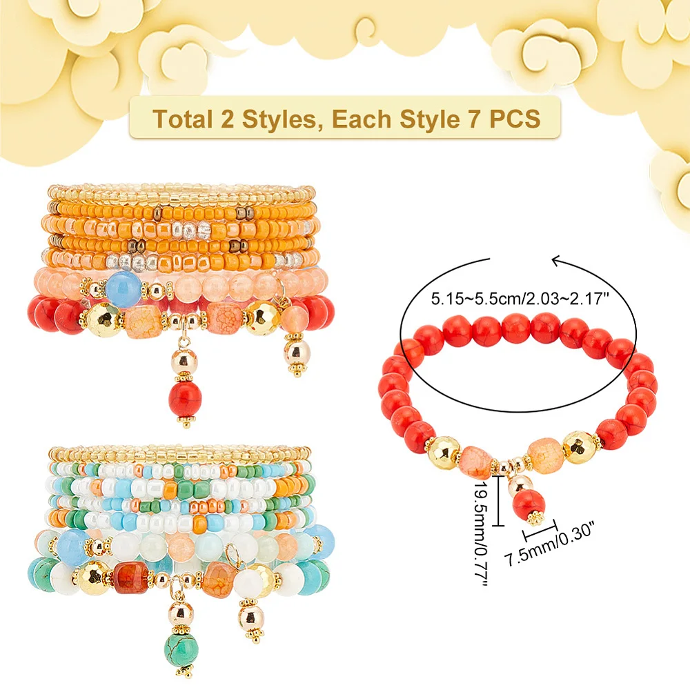 14pcs Stackable Beaded Bracelets Fall Bracelet Bracelets Multi Layered beads Bracelet Stone Stretch Bracelets Beach Boho