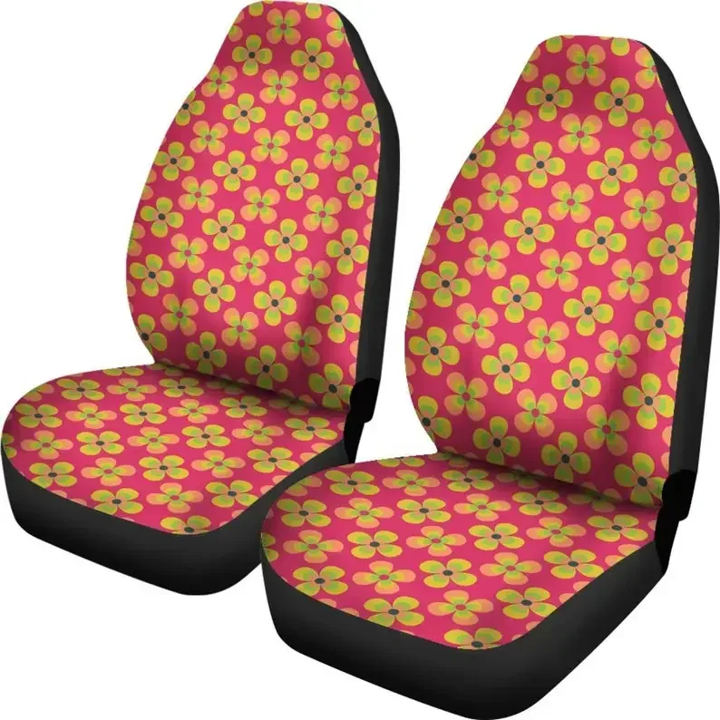 Hot Pink Magenta With Colorful Retro Flowers Pattern Vintage Style Car Seat Covers Set Universal Fit