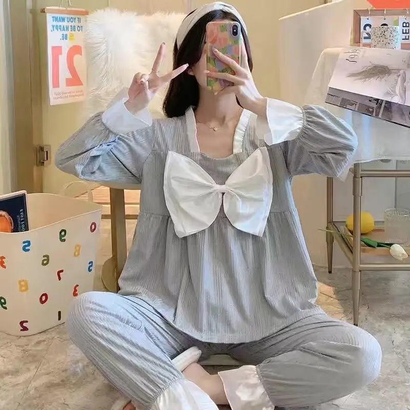 

Spring and autumn new ins style pajamas for women with bows, sweet and lovely long-sleeved ruffles, casual fashion home clothes