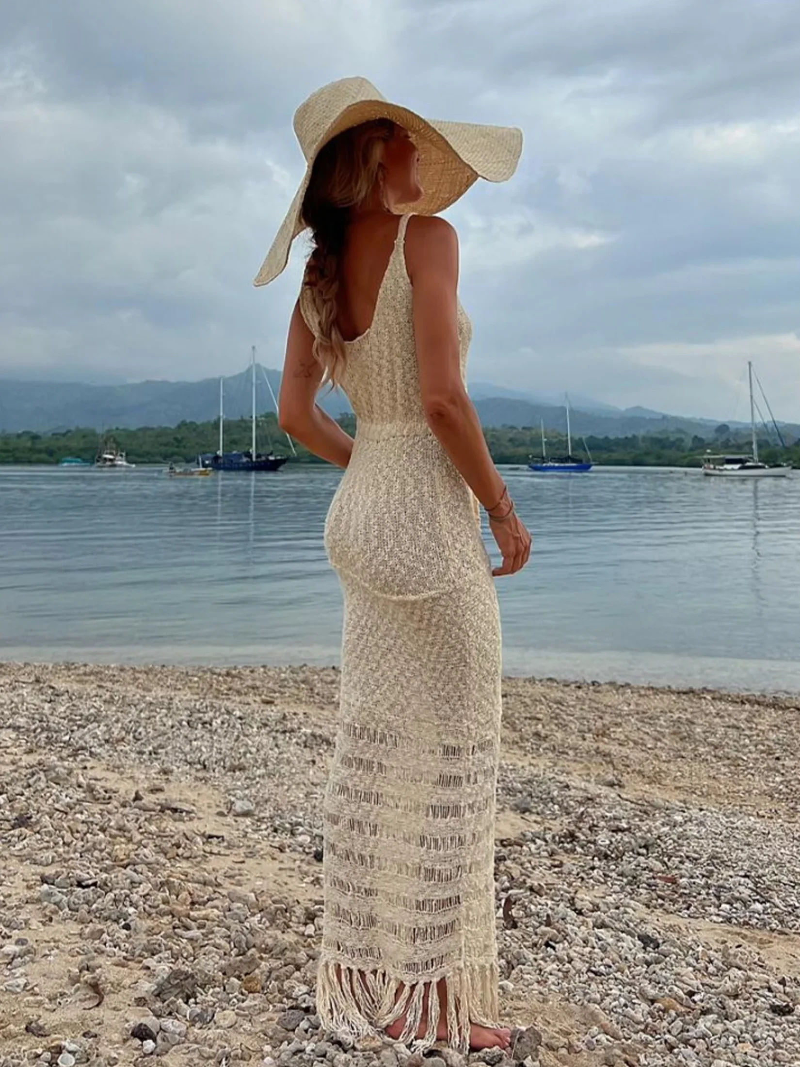 Vestido maxi sem mangas de borla feminino, maiô sexy biquíni encobrimento, cortado com decote em v, vestido de praia, vestidos de verão, A2877, 2024