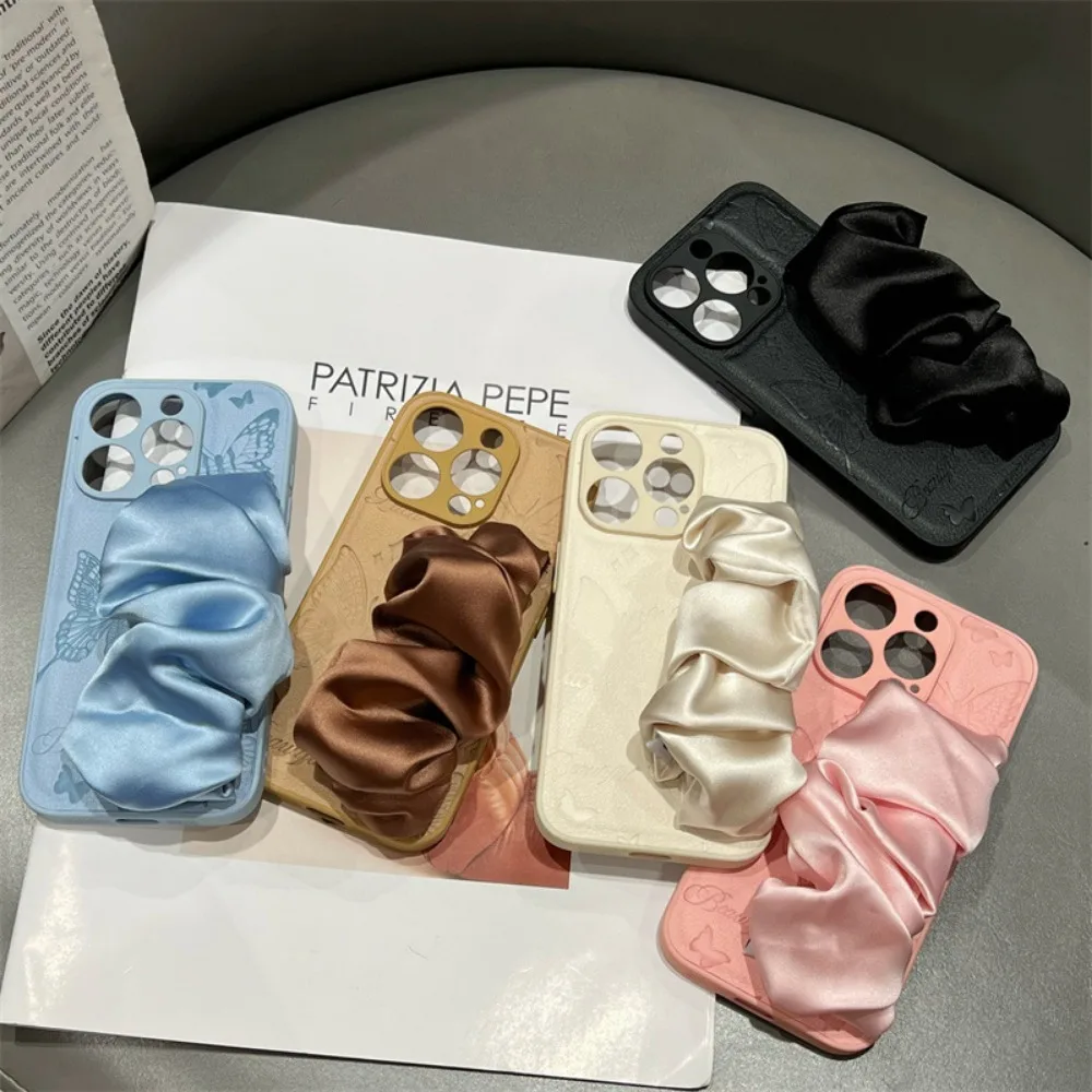 For iPhone 16promax 15pro 14plus 13 Fashion imitation leather butterfly phone case silk wristband anti-drop protective cover