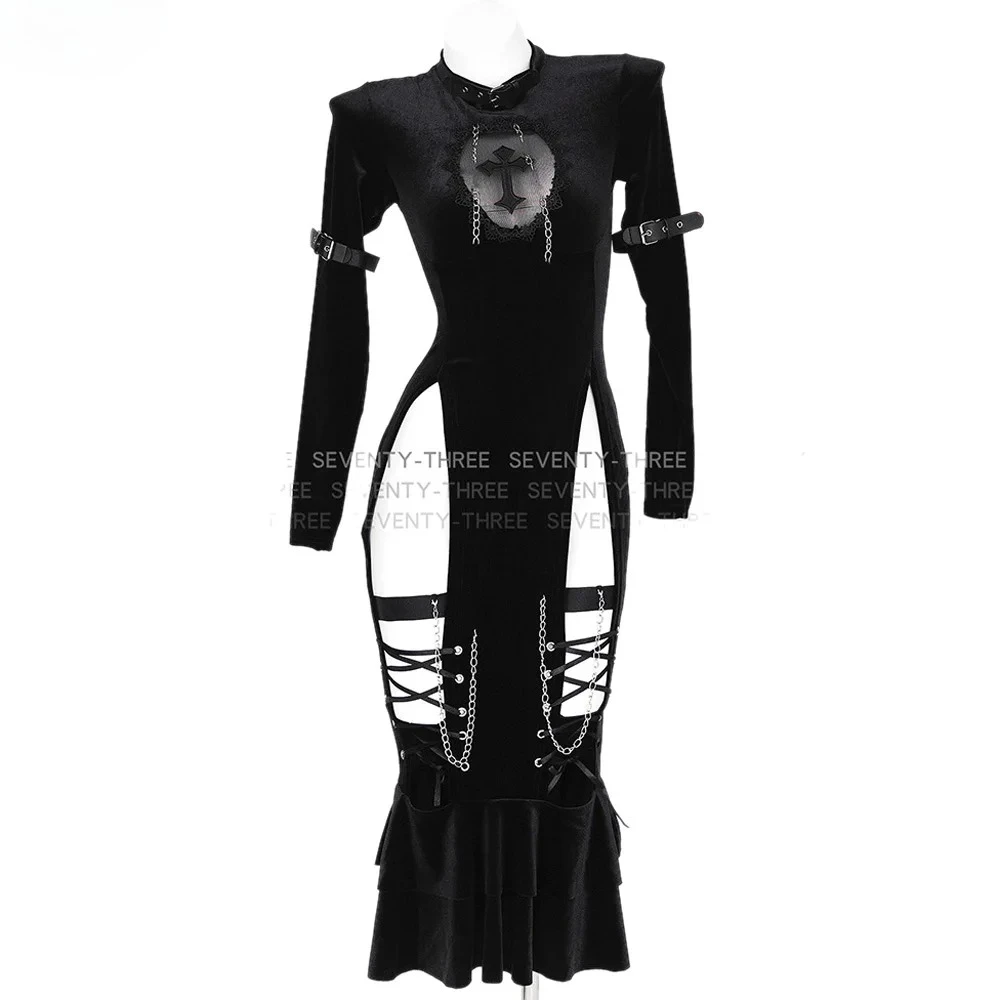 

Темная ведьма с полым крестом, бархатное платье «рыбий хвост», наряды для ролевых игр, униформа монахини, карнавальный костюм на Хэллоуин, средневековые готические платья