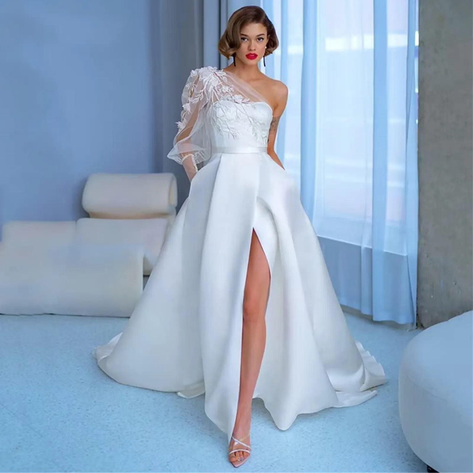 

One Shoulder Appliques Wedding Dresses High Split Side Satin Bridal Gowns Simple But Stylish Plus Size Formal Party Gowns