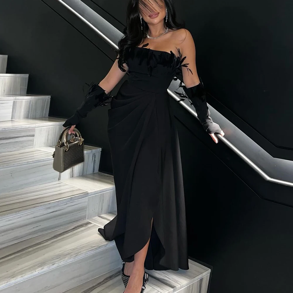 

Customized Jersey Straight Detachable Sleeve Feathers Evening Dress Strapless Side Slit Floor Length Black Vestidos de fiesta