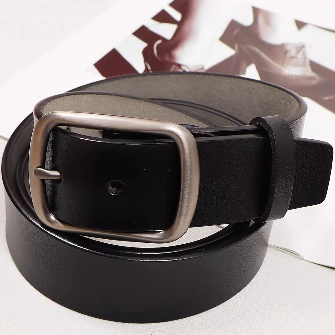 2026 Spring Design Men Full Grain Genuine Cow Leather Jeans Waist Belts Simple Design Black Coffee Plain Cowhide Ceinture Homme