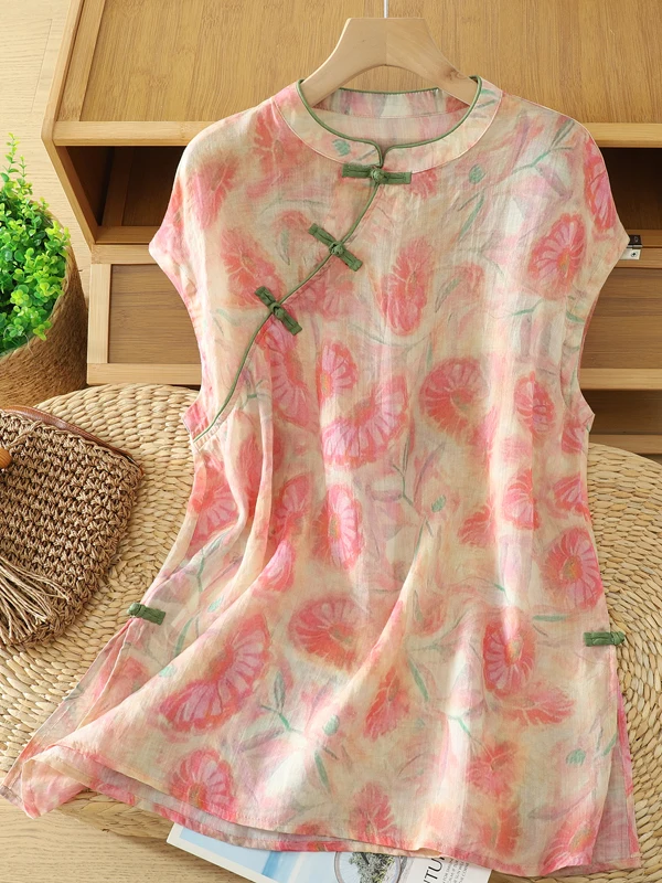 

High-End Cotton Linen Printed Casual Top for Women Vintage Button-Up Slimming Loose Fit Summer irt Straight Cut Commute Sle