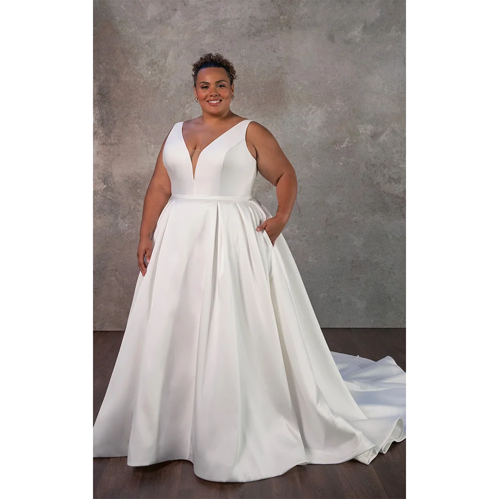 

Plus Size Wedding Dress Customized Deep V-Neck Satin Pleated Simple A Line Sweep Train Buttons Opne Back Bridal Gown 2025