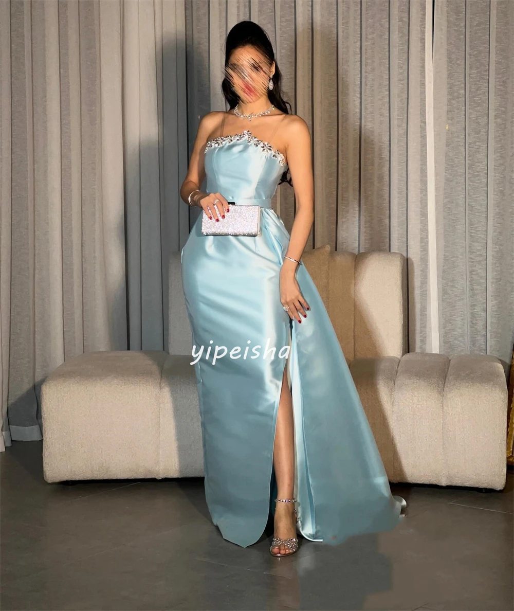 Customized Exquisite Satin Sequined Rhinestone Straight Sheer Straps Strapless Long Dresses Evening Dresses Classic Modern Style